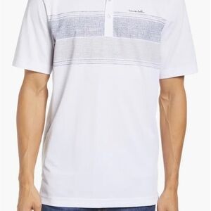 Travis Mathew White Polo with Gray Striped Chest
